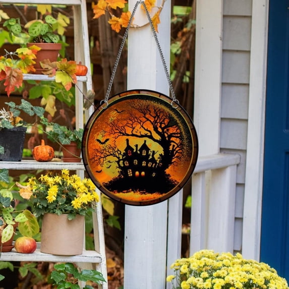 Halloween Stained Acrylic Suncatcher Window Hanging,Halloween Castle Home Window Decor Halloween Tree Decorations for Halloween Trick or Treat Party Supplies