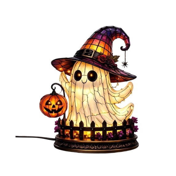 Halloween Stained Glass Style Ghost Witch Lamp, Lighted Tabletop Decor with Pumpkin Lantern for Home Party