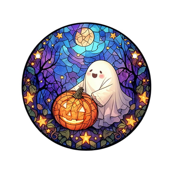 Halloween Stained Glass Suncatcher, Cute Ghost Pumpkin Window Hanging Decoration, Acrylic Window Hanging Fall Ornaments, for Kitchen Room Garden Office Halloween Decor Housewarming Gift Supplies