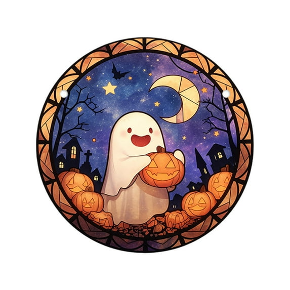 Halloween Stained Glass Suncatcher, Cute Ghost Pumpkin Window Hanging Decoration, Acrylic Window Hanging Fall Ornaments, for Kitchen Room Garden Office Halloween Decor Housewarming Gift Supplies