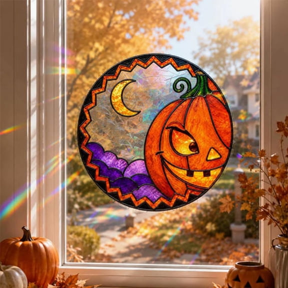 Halloween Stained Glass Window Clings Round Pumpkin Autumn Decorations Reusable Static Cling PVC Decals For Glass Door Home Party