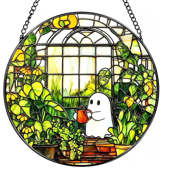 Halloween Stained Glass Window Hanging, Sunlight Refraction Mysterious Atmosphere Durable Frame Construction, Wall Window Art Decor for Living Spaces Holiday Home Party Display
