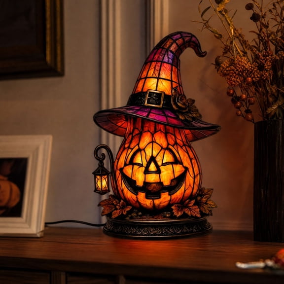 Halloween Stained Glass Witch Hat Lamp Resin Halloween Night Light Usb Powered Vintage Gothic Table Decor With Warm Glow. Upgraded Shatter-Resistant Resin. Star Moon Pattern. 11.81In Tall