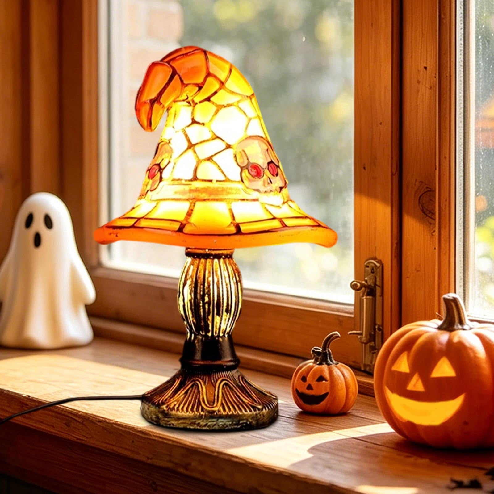 Halloween Stained Glass Witch Hat Lamp,Retro Resin Witch Lamp,Usb