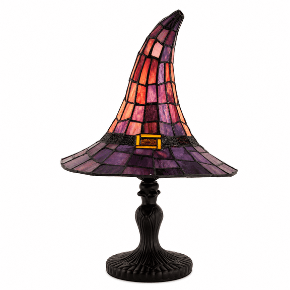 Halloween Stained Glass Witch Hat Table Lamp 2026, 17" Decorative Accent Light with Purple & Orange Panels, Perfect for Seasonal Home Display