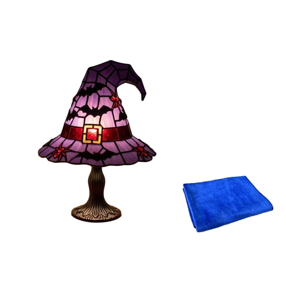 Halloween Stained Glass Witch Hat Table Lamp 7.87 in,Handmade Tiffany-Style LED Night Light with Cleaning Towel Includedwith Sun & Star Motifs,Gothic Decorative Lamp for Indoor & Bedroom(Purple D)