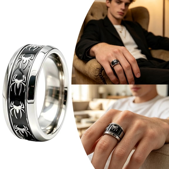 Halloween Stainless Steel Band Ring 1 Inch Design Black Enamel Statement Ring Gothic Jewelry for Dark Aesthetic Daily and Holiday Wear Silver and Black, 1 Pack