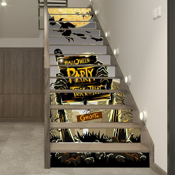 Halloween Stair Risers Decals Removable DIY Wall Decals Peel and Stick Bats Spider Ghost Ride Witch Castle Wall Art Decor for Home Decor Self-Adhesive Staircase Sticker