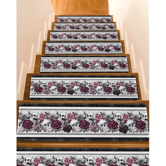 Halloween Stair Treads Non Slip Indoor for Wooden Steps, Black Horror Skull Roses Spi-der Web Vintage 4 Pcs Stair Mats for Elders Dogs, 8 x 30 Inch Carpet Treads Runner Rugs for Staircase
