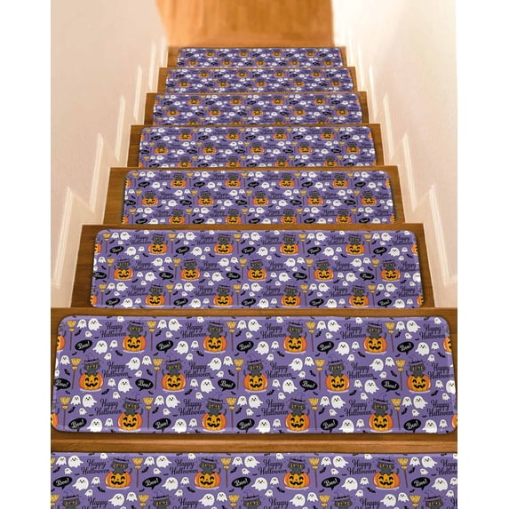 Halloween Stair Treads Non Slip Indoor for Wooden Steps, Orange Pumpkin Funny Ghost Black Cat Purple 7 Pcs Stair Mats for Elders Dogs, 8 x 30 Inch Carpet Treads Runner Rugs for Staircase