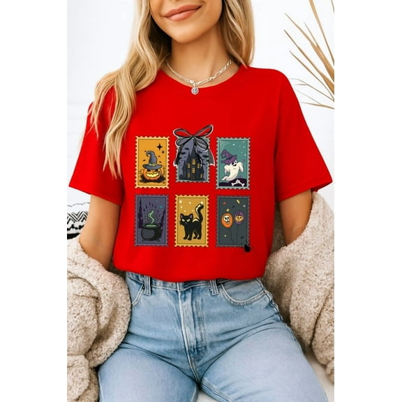 Halloween Stamp Graphic T-Shirt – Cute Spooky Icons Tee for Women