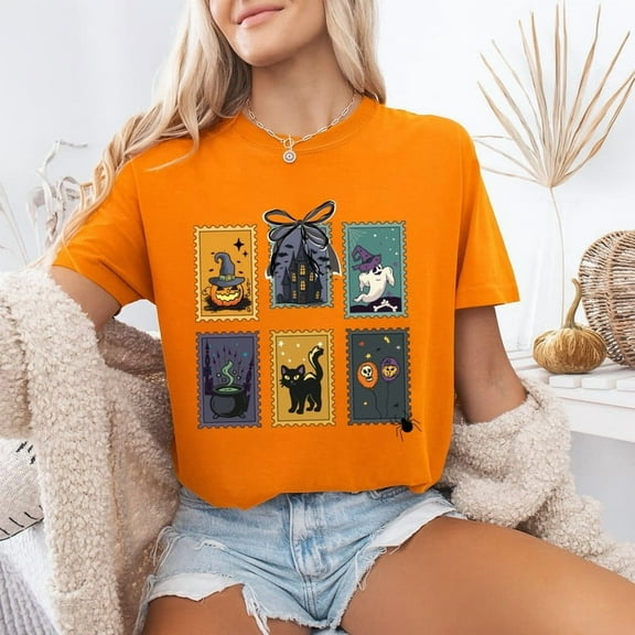 Halloween Stamp Graphic T-Shirt – Cute Spooky Icons Tee for Women