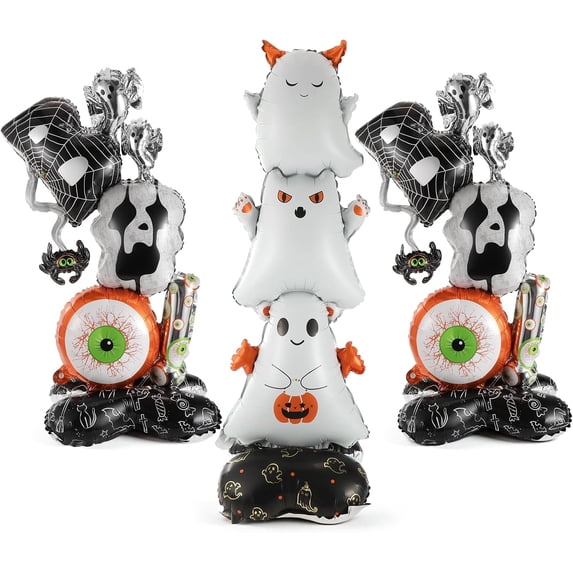Halloween Standing Foil Balloons Set - 3 Pack Stacked Ghost & Spooky Eyeball Foil Balloons, Self-Standing Air-Fill Halloween Decorations for Party, Haunted House, Yard & Indoor Decor