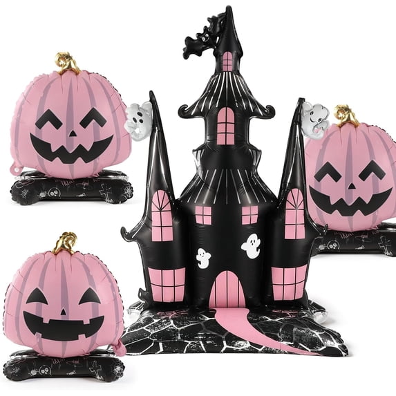 Halloween Standing Foil Balloons Set - 4 Pack Black & Pink Haunted Castle and Pumpkin Foil Balloons, 59" Self-Standing Air-Fill Halloween Decorations for Party, Haunted House, Yard & Indoor Decor