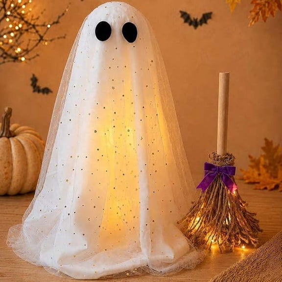 Halloween Standing Ghost Decor, 53cm White Glitter Ghost Figurine with Purple Bow, Mini Witch Brooms Set, Spooky Tabletop Home Accent