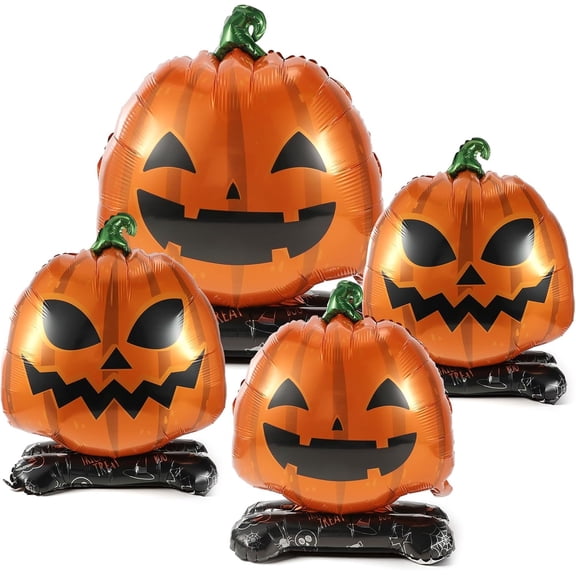 Halloween Standing Pumpkin Foil Balloons Set - 4 Pack Self-Standing Jack-o'-Lantern Balloons, Air-Fill Halloween Decorations for Party, Yard & Haunted House