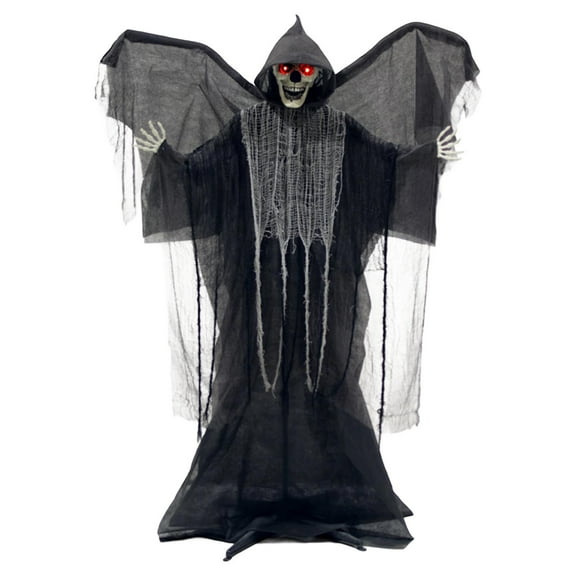 Halloween Standing Skeleton Winged Ghost Dynamic Grim Reaper Swing White Robe with LED Light And Creepy Sound Prop Requires 3 AAA Batteries for Indoor Outdoor Horror Decor Prop