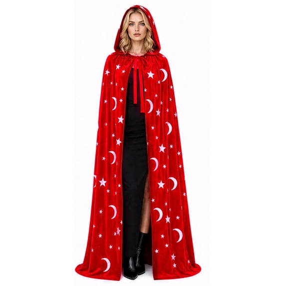 Halloween Star Moon Velvet Hooded Cloak for Women, Long Floor-Length Cape with Neck Tie & Soft Drape, Wizard Witch Vampire Cosplay Costume, 1 Piece Red 180