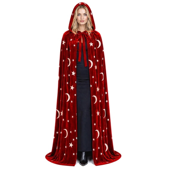 Halloween Star Moon Velvet Hooded Cloak for Women, Long Floor-Length Cape with Neck Tie & Soft Drape, Wizard Witch Vampire Cosplay Costume, 1 Piece Wine 150