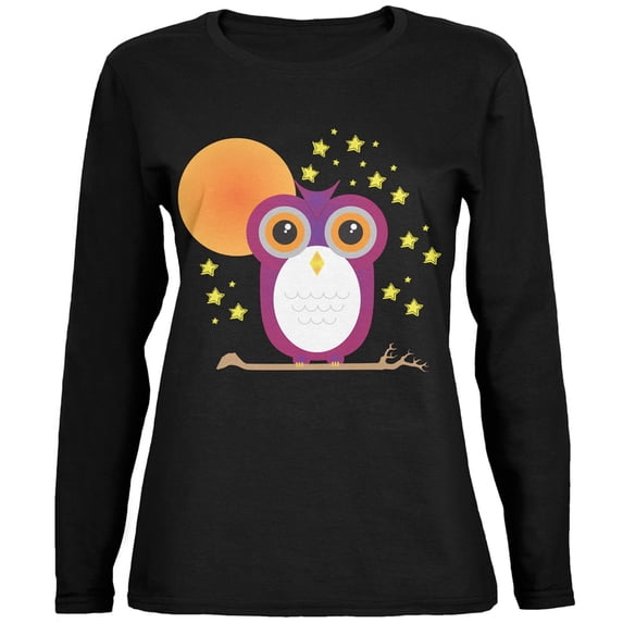 Halloween Starry Night Owl Black Womens Long Sleeve T-Shirt - Large