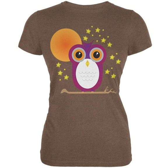 Halloween Starry Night Owl Heather Brown Juniors Soft T-Shirt - Large