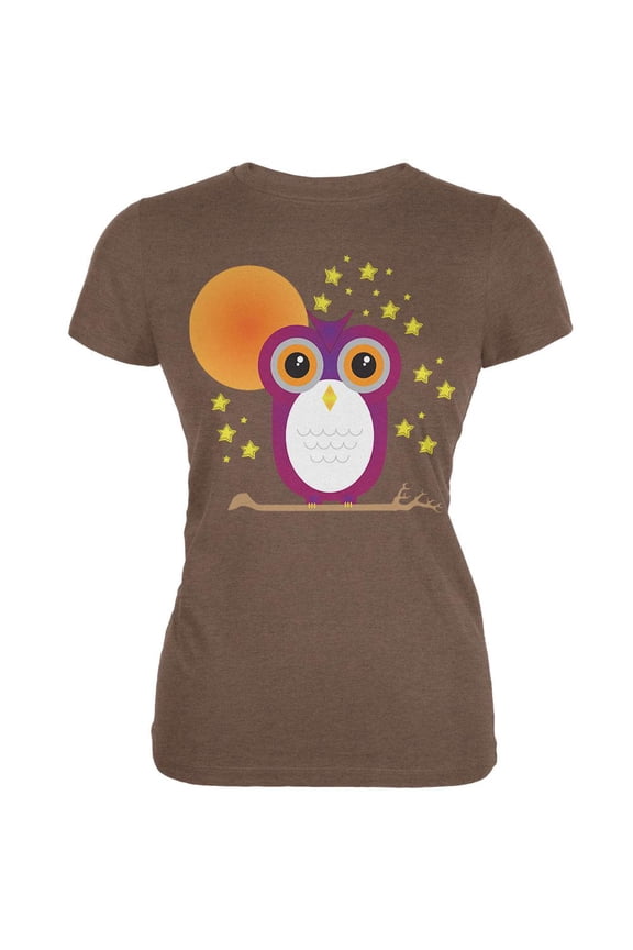 Halloween Starry Night Owl Heather Brown Juniors Soft T-Shirt - Large