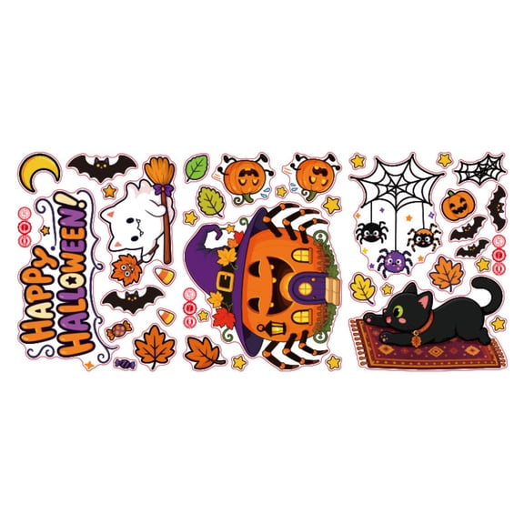 Halloween Static Cling Window Stickers Pumpkin House Ghost Broom Cat Autumn Leaf Decals Removable Window Decorations