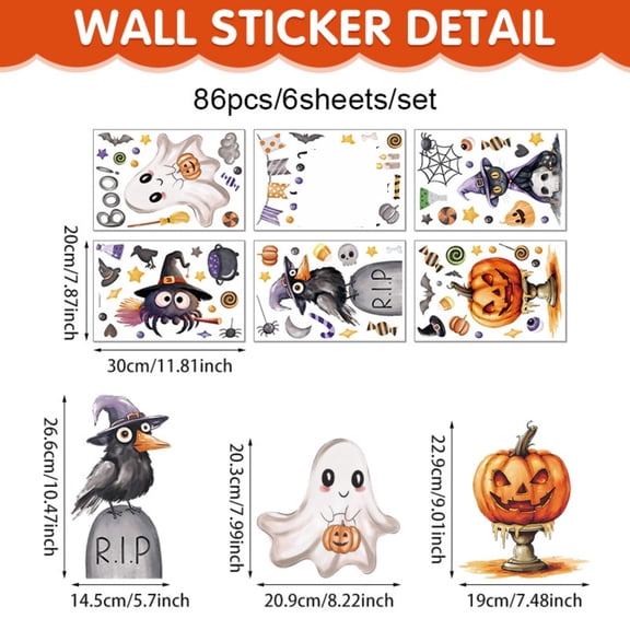Halloween Static Window Clings, 86pcs/6 Sheets PVC Decorative Stickers, Reusable Removable Decals for Home, Bedroom, Party, Glass Door, Window & Spooky Fall Halloween Themed Decor.