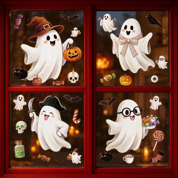 Halloween Static Window Clings Glow in the Dark, Cute Ghost Dog PVC Decals Reusable No Residue Stickers for Glass Windows Mirrors Doors, Spooky Cute Party Home Classroom Decor