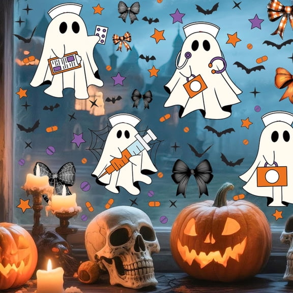 Halloween Static Window Clings, Medical Themed Cute Ghost Stickers, PVC Decals with Nurse Ghost Bat Spiderweb for Home Shop Party Glass Decor