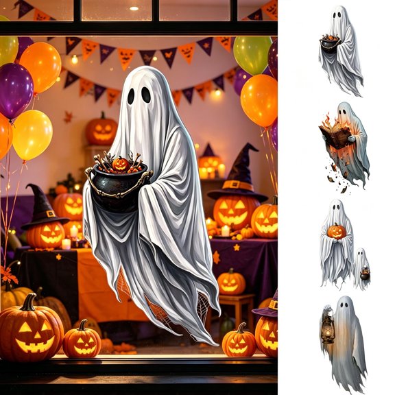Halloween Static Window Decal,Halloween White Ghost PVC Electrostatic Glass Sticker Glueless Removable Reusable Pattern,Waterproof Window Decor For Classroom Shop Car Glass Holiday Scene Layout