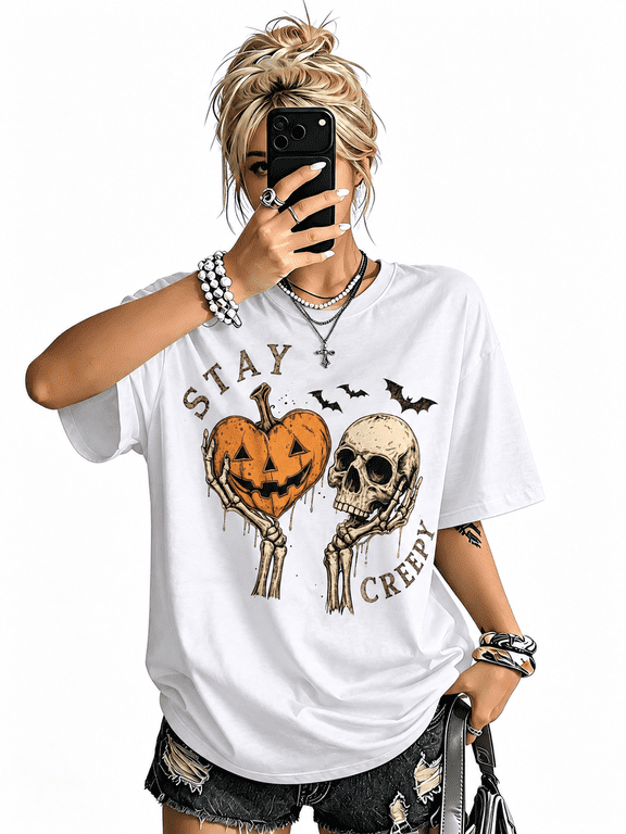 Halloween Stay Creepy Skull Pumpkin Graphic T-Shirt for Women, White Short Sleeve Tee