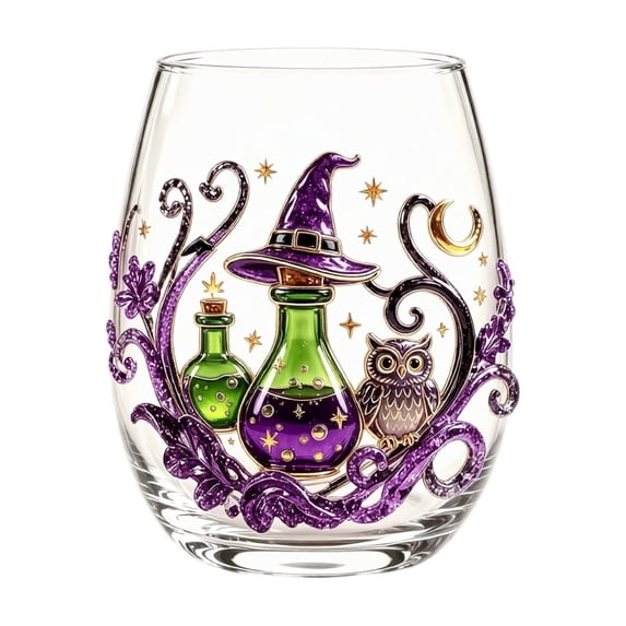 Halloween Stemless Drinking Glass Tumbler, Spooky 2D Printed Halloween Glassware, Clear Glass Cup for Halloween Party Table Decor, Holiday Gift for Halloween Lovers(Witch - F)