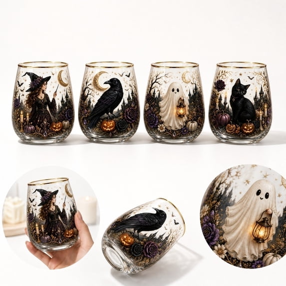 Halloween Stemless Egg Clear Glass Cups, Witch Ghost Crow Cat Haunted House Pumpkin Floral Gold Rim Drinking Tumblers for Fall Party Table Decor Holiday Gift