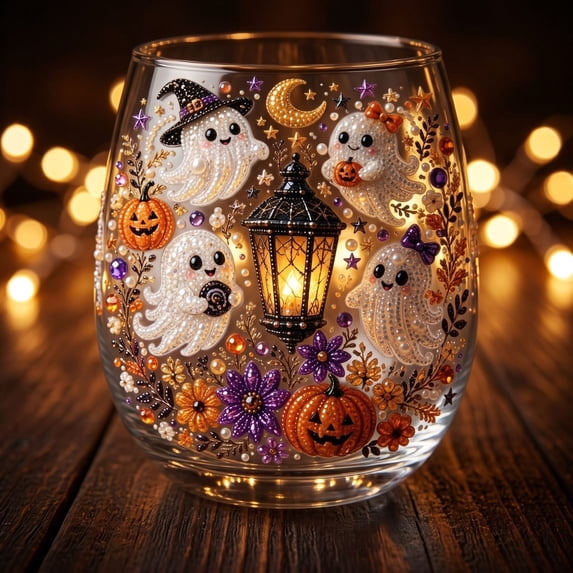 Halloween Stemless Wine Glass 420ml 2D Ghost Pumpkin Witch Rhinestone Clear Tumbler Cup Spooky Fall Drinking Glassware for Party Home Bar Table Decor Holiday Gift Options