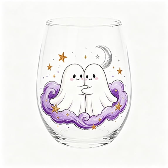 Halloween Stemless Wine Glass, Hand-Painted Artistic 11oz Clear Glass Cup, Elegant Halloween Theme Drinkware for Home Decor and Gift (Hugging Ghosts)