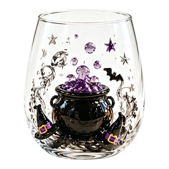 Halloween Stemless Wine Glass with 3D Resin Cauldron and Bat Design, Clear Glass Party Drinkware for Home Bar Decoration