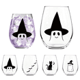 thumbnail image 1 of Halloween Stemless Wine Glasses, Ghost Witch Black Cat Bat Pattern Clear Tumblers, Themed Drinking Cups for Cocktail Iced Coffee, Halloween Party Decor & Gifts,A, 1 of 8