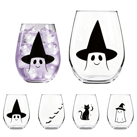 Halloween Stemless Wine Glasses, Ghost Witch Black Cat Bat Pattern Clear Tumblers, Themed Drinking Cups for Cocktail Iced Coffee, Halloween Party Decor & Gifts,A