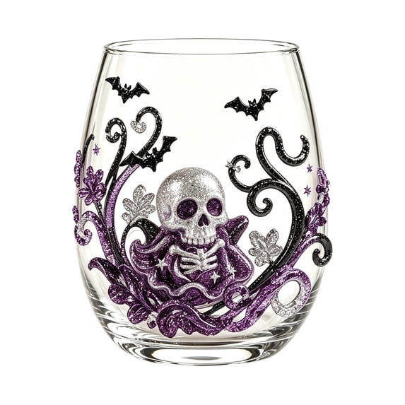 Halloween Stemless Wine Tumbler with 2D Pattern, 15oz Glass Drinkware for Holiday Parties, Festive Flat Cup for Fall, 4.2x2.7 Inch.