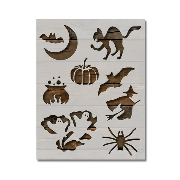 Halloween Stencil Bat Cat Pumpkin Witch Template Reusable 8.5 x 11 for Painting on Walls, Wood, Etc. By Stencilville