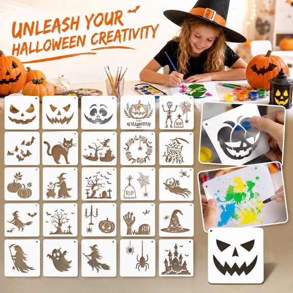 Halloween Stencils for Painting with Ghost and Pumpkin Designs, 25-Pack Square Set, White Reusable Material, for Diy Wall and Pumpkin Decorating, Craft Stencils