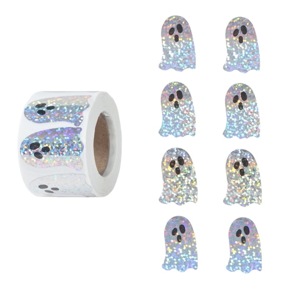 Halloween Sticker Roll 500 Pcs Holographic Ghost Halloween for Student and Adults Spooky Waterproof for Halloween Party Favors Trick Or Treat Goodie Bag Decor 1 Roll