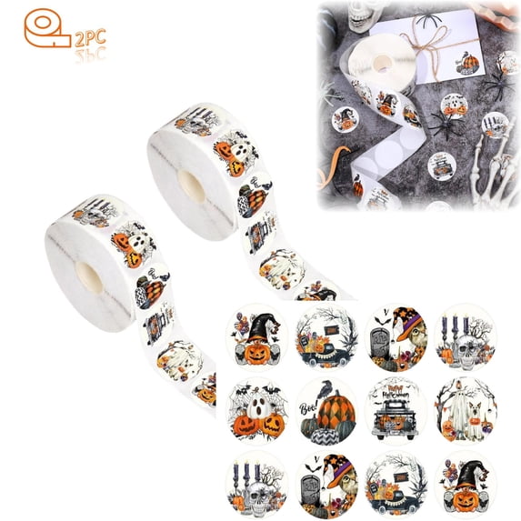 Halloween Sticker Roll 500Pcs 1in 12 Designs Pumpkin Ghost Bat Fall Thanksgiving Self-Adhesive Labels for Party Decor Envelopes Treat Bags(A,2PC)