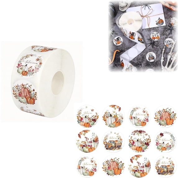 Halloween Sticker Roll 500Pcs 1in 12 Designs Pumpkin Ghost Bat Fall Thanksgiving Self-Adhesive Labels for Party Decor Envelopes Treat Bags(D,1PC)