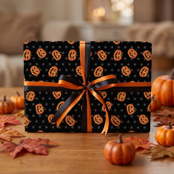 Halloween Sticker Wrapping Paper Multipack, Gift Wrap Sheets with Pumpkin Ghost and Skeleton Prints in Dark Orange Colors, Gift Packaging for Adult Household Party Supplies (27.6in, Multicolor)