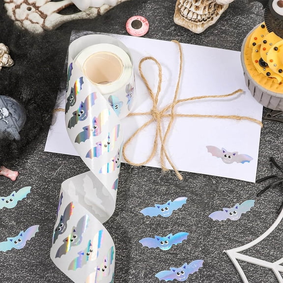 Halloween Stickers Bat Sticker Roll 500PC 1 Roll of Stickers Cute Bats Shape Stickers Waterproof Self-Adhesive Decals for Halloween Party Decor Envelope Journal Decor Birthday Holiday