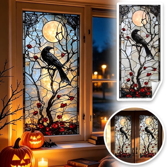 Halloween Stickers Crow Moon Stained Glass Window Film, Static Cling Privacy Window Sticker, Reusable Gothic Spooky Halloween Party Decorations For Bathroom Door Wall Window (Grey, 1PC)
