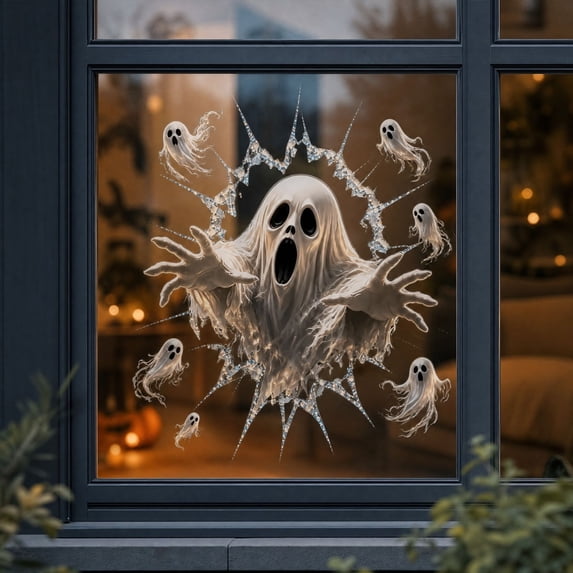 Halloween Stickers,Halloween Window Clings, Spooky Break Through Window Decals, Removable Witch Pumpkin Ghost Glass Stickers for Home Party Halloween Decor(White 30cm)