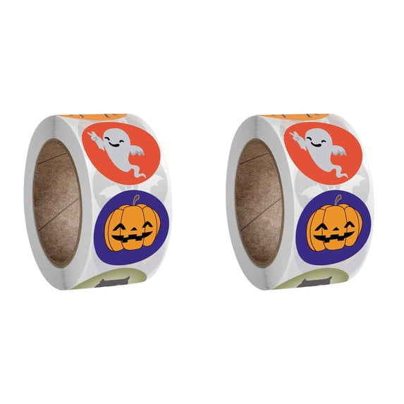 Halloween Stickers Roll 500PCS Round Self Adhesive Labels, Pumpkin Bat Spider Decals for Party Decorations, Bulk Sticker Roll for Craft Treat Bags Goodie Favors 2Roll